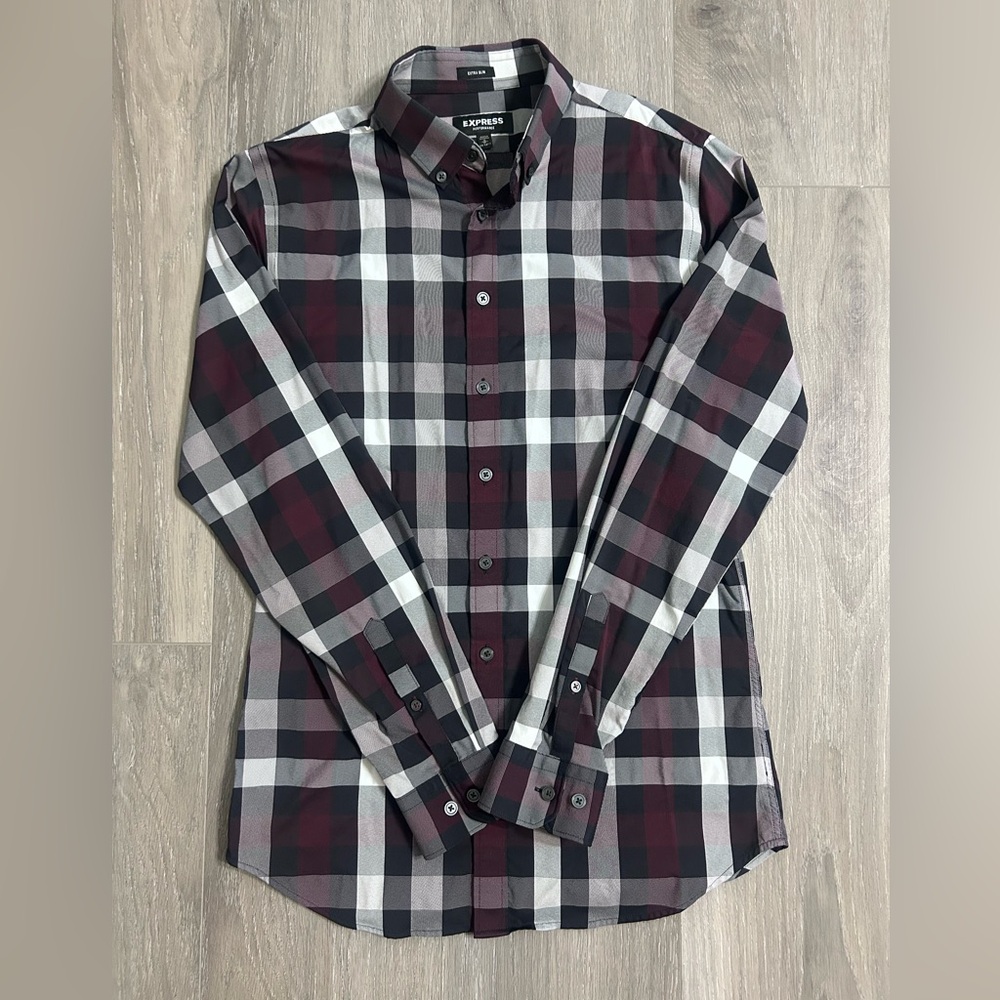 Express Men's Checkered Shirt - Burgundy (Extra Slim - Performance)